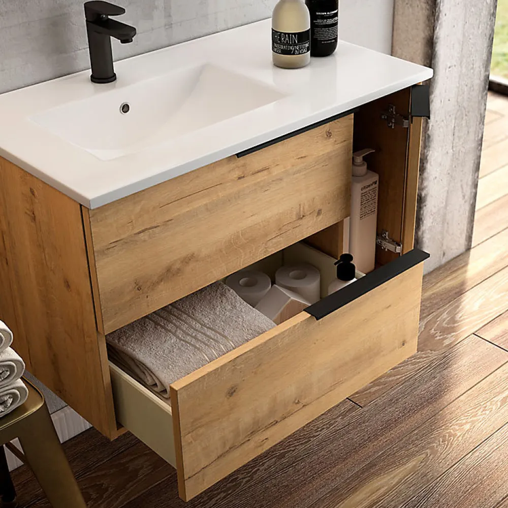 Cosyneo Meuble de salle de bain 100cm avec vasque à poser ronde - 2 tiroirs - roble (chêne clair) - KING