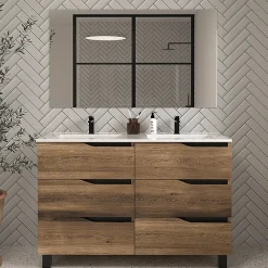 Cosyneo Meuble de salle de bain 120cm double vasque - 6 tiroirs - tabaco (bois foncé) - MATA