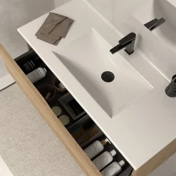 Cosyneo Meuble de salle de bain 100cm simple vasque - sans miroir - 2 tiroirs - madera miel (bois clair) - LUNA