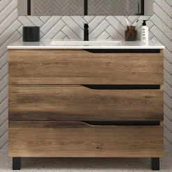 Meuble Vasque|Cosyneo Meuble de salle de bain 90cm simple vasque - 3 tiroirs - sans miroir - tabaco (chêne foncé) - MATA