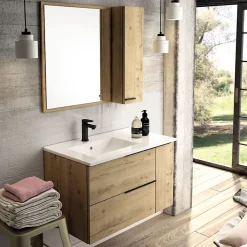Cosyneo Meuble de salle de bain 80cm vasque déportée - 2 tiroirs - miroir avec armoirette - KING - Roble (chêne clair)