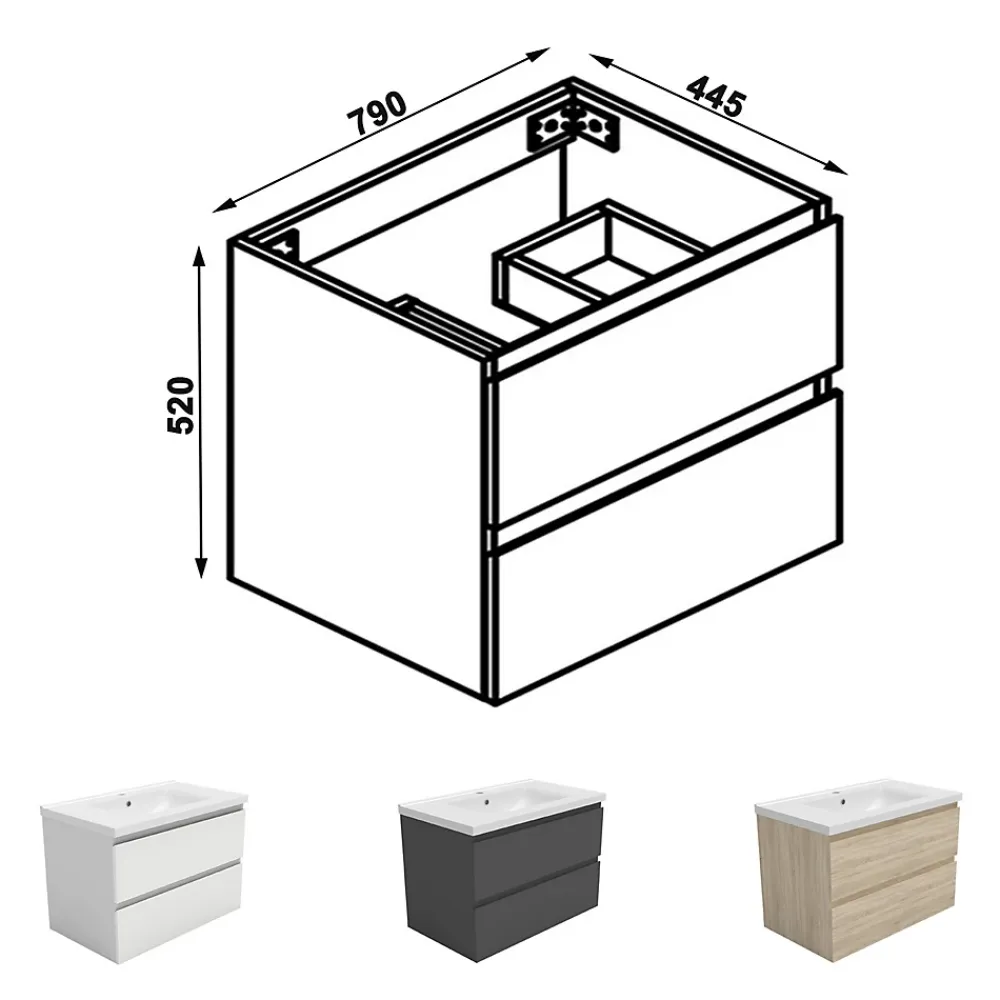 AICA Sanitaire Meuble de salle de bain chêne 80cm, suspendu avec 2 tiroirs