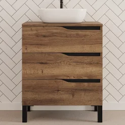 Cosyneo Meuble de salle de bain 80cm avec plateau et vasque à poser zeus - 3 tiroirs - sans miroir - tabaco (chêne foncé) - MATA