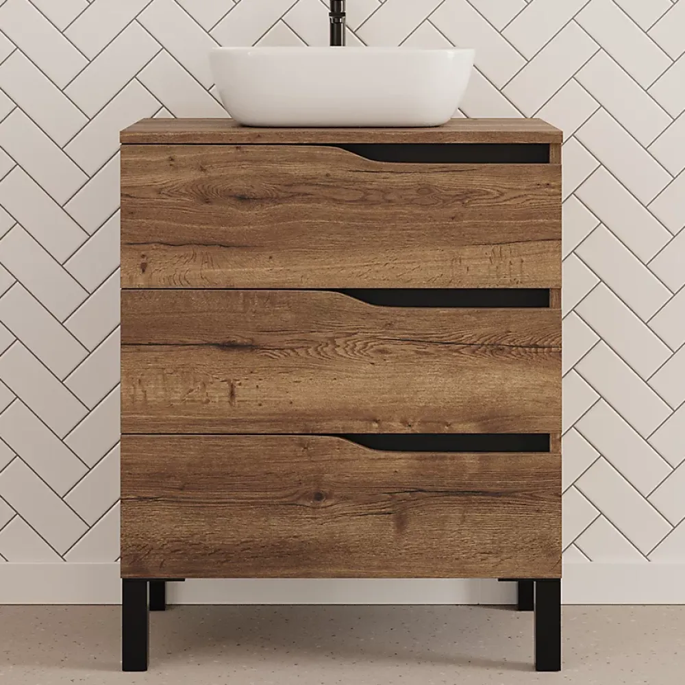Cosyneo Meuble de salle de bain 80cm avec plateau et vasque à poser zeus - 3 tiroirs - sans miroir - tabaco (chêne foncé) - MATA