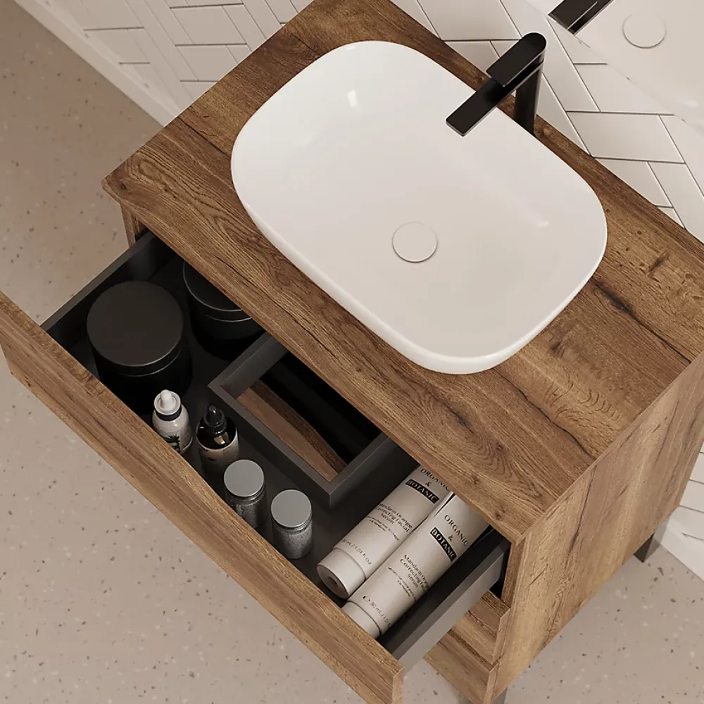 Cosyneo Meuble de salle de bain 80cm avec plateau et vasque à poser zeus - 3 tiroirs - sans miroir - tabaco (chêne foncé) - MATA