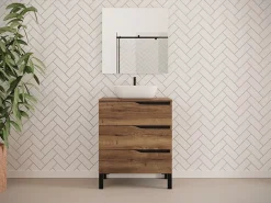 Cosyneo Meuble de salle de bain 80cm avec plateau et vasque à poser zeus - 3 tiroirs - sans miroir - tabaco (chêne foncé) - MATA