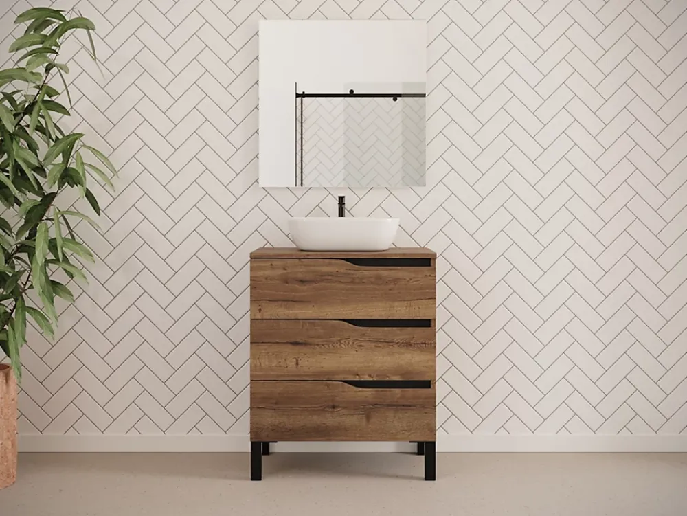 Cosyneo Meuble de salle de bain 80cm avec plateau et vasque à poser zeus - 3 tiroirs - sans miroir - tabaco (chêne foncé) - MATA