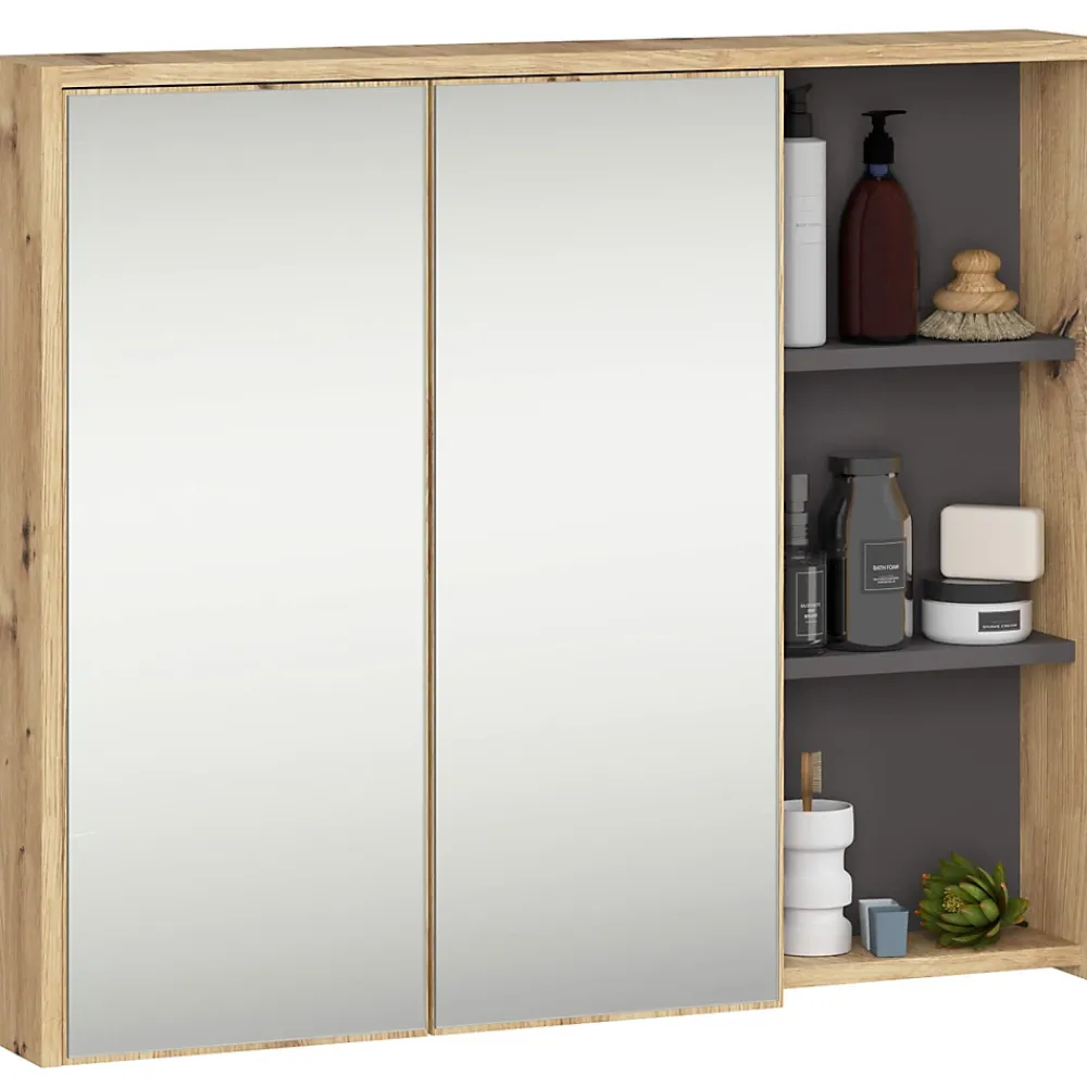 Armoire De Toilette|3xE Living Meuble de salle de bain, chêne artisanal/gris graphite, 90 x 75 x 15 cm