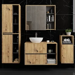 Armoire De Toilette|3xE Living Meuble de salle de bain, chêne artisanal/gris graphite, 90 x 75 x 15 cm
