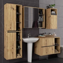 Armoire De Toilette|3xE Living Meuble de salle de bain, chêne artisanal/gris graphite, 90 x 75 x 15 cm