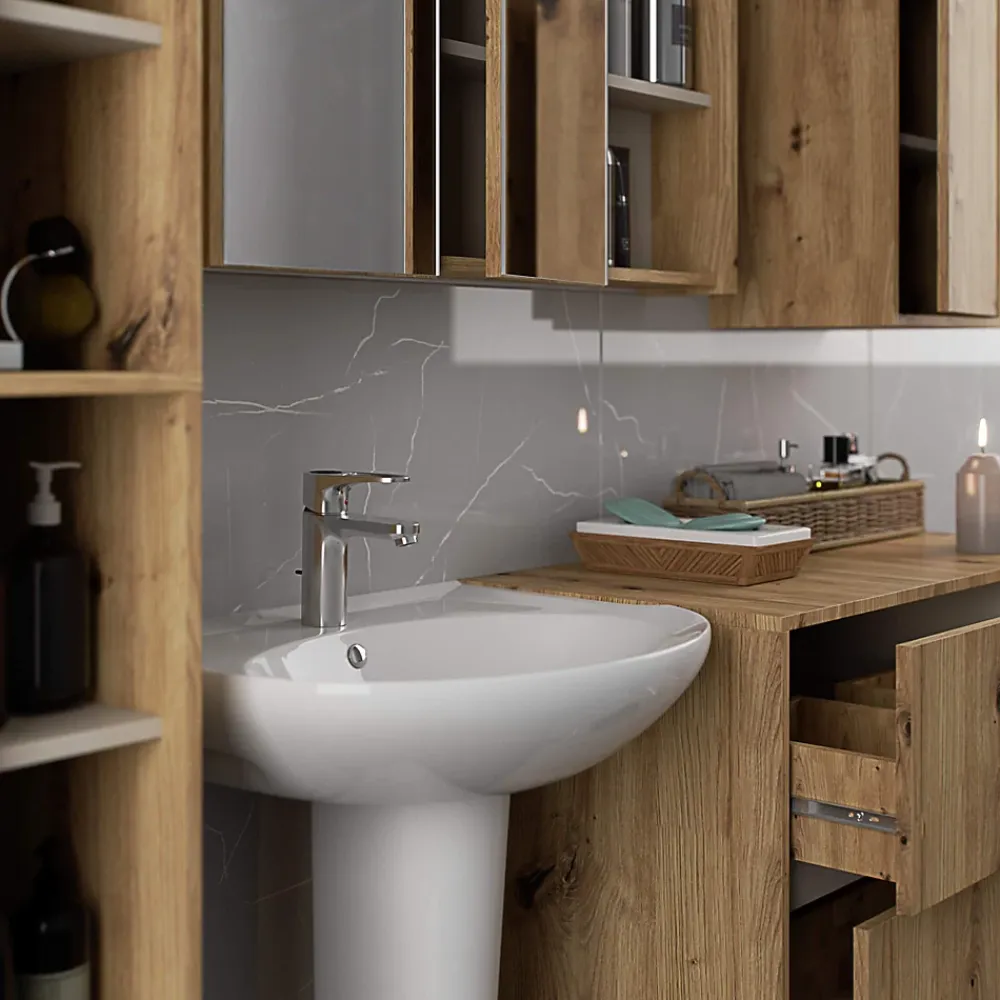 Armoire De Toilette|3xE Living Meuble de salle de bain, chêne artisanal/gris graphite, 90 x 75 x 15 cm