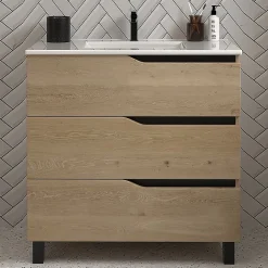 Meuble Vasque|Cosyneo Meuble de salle de bain 60cm simple vasque - sans miroir - 3 tiroirs - madera miel (bois clair) - MATA