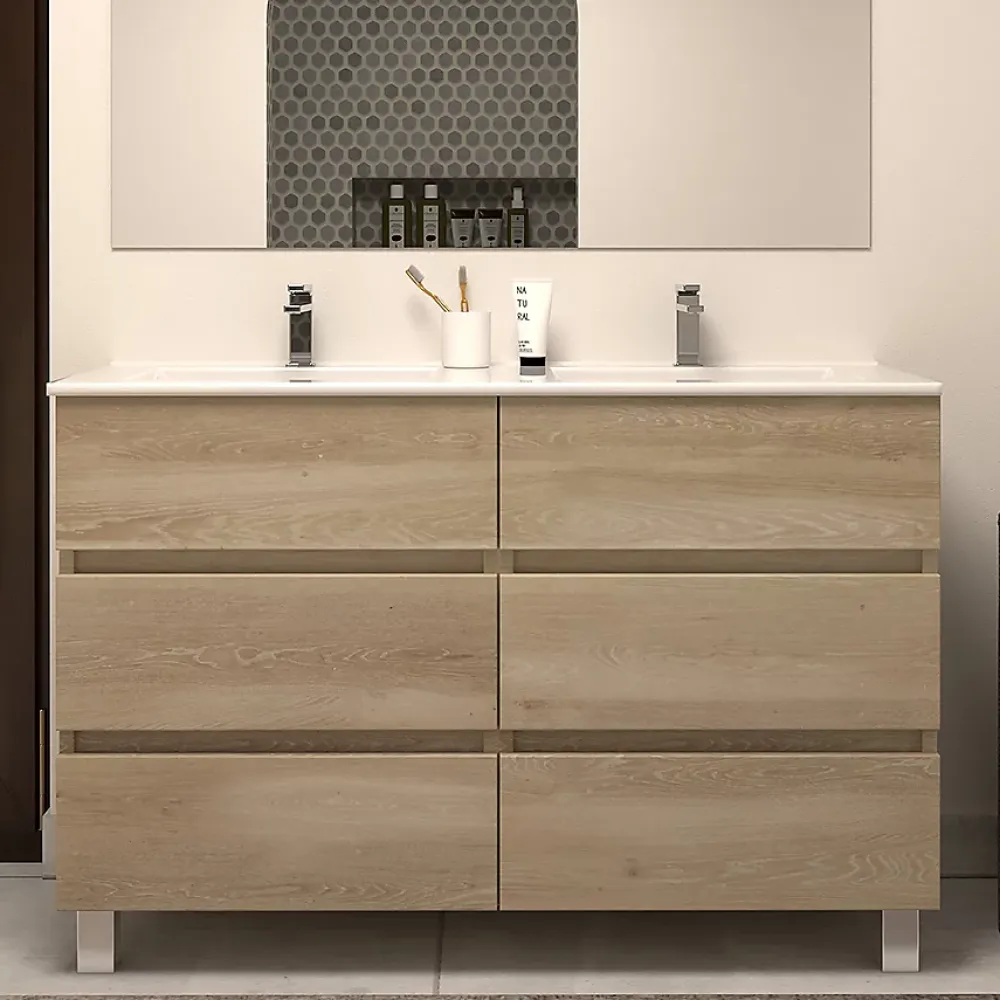 Cosyneo Meuble de salle de bain 120cm double vasque - sans miroir - 6 tiroirs - nebraska (bois clair) - MAYOR