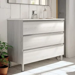 Meuble Vasque|Cosyneo Meuble de salle de bain 100cm simple vasque - 3 tiroirs - sans miroir - PALMA - hibernian (bois blanchi)
