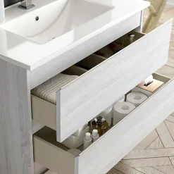 Meuble Vasque|Cosyneo Meuble de salle de bain 100cm simple vasque - 3 tiroirs - sans miroir - PALMA - hibernian (bois blanchi)
