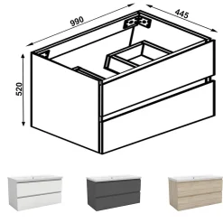 AICA Sanitaire Meuble de salle de bain chêne 100cm, suspendu avec 2 tiroirs