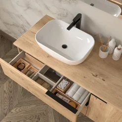 Meuble Vasque|Cosyneo Meuble de salle de bain 100cm avec vasque à poser arrondie - 2 tiroirs - sans miroir - roble (chêne clair) - KING