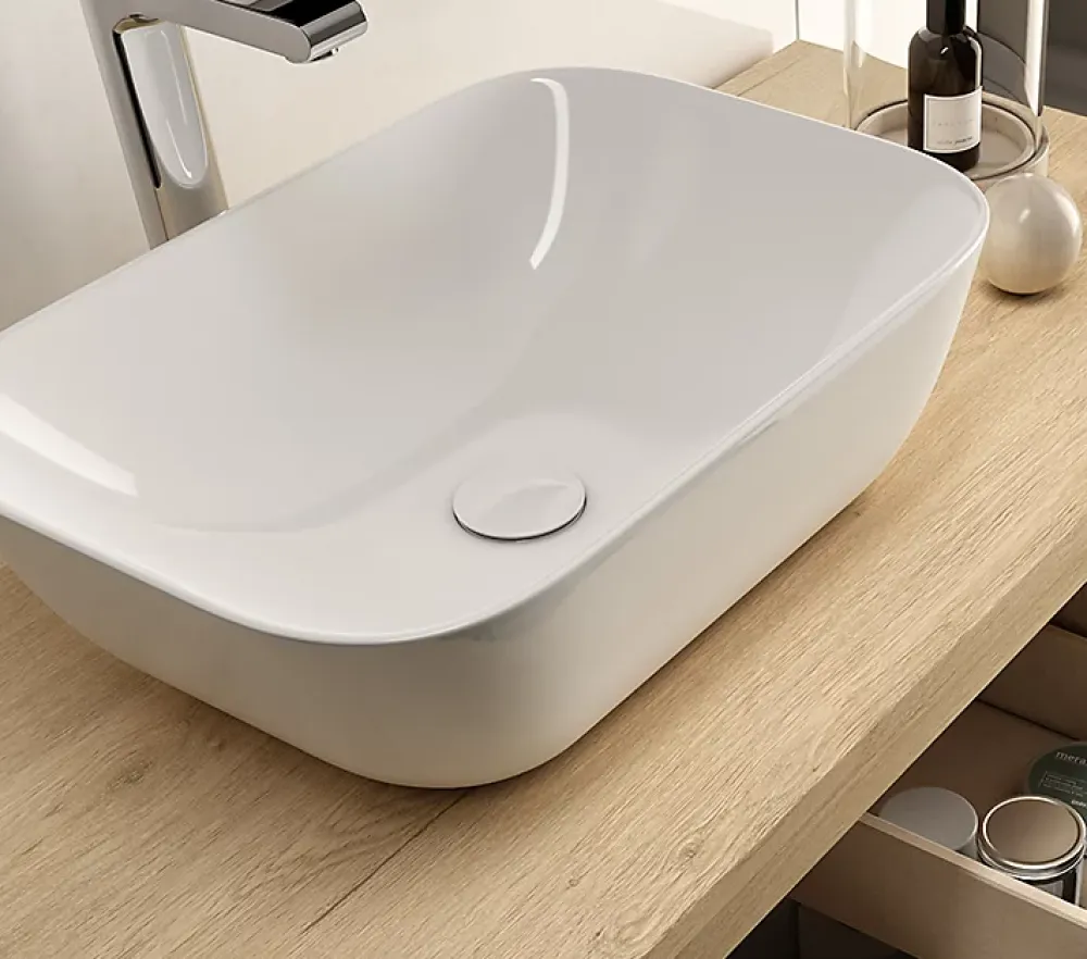 Meuble Vasque|Cosyneo Meuble de salle de bain 100cm avec vasque à poser arrondie - 2 tiroirs - sans miroir - roble (chêne clair) - KING