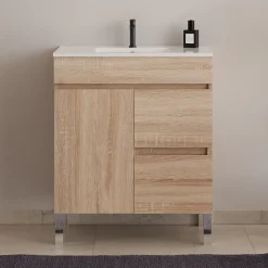 Cosyneo Meuble de salle de bain 60cm sur pieds avec simple vasque - sans miroir - porte et tiroirs - cambrian (chêne clair) - HARO