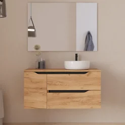 Cosyneo Meuble de salle de bain 100cm avec plateau, vasque à poser à droite Ares et miroir - 2 tiroirs et 1 placard - roble - ZARZA