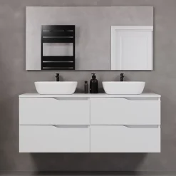 Ensemble Meuble De Salle De Bains|Cosyneo Meuble de salle de bain 140cm avec plateau et deux vasques à poser zeus - 4 tiroirs - blanc - LUNA