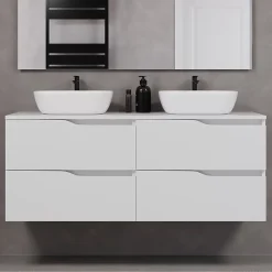 Ensemble Meuble De Salle De Bains|Cosyneo Meuble de salle de bain 140cm avec plateau et deux vasques à poser zeus - 4 tiroirs - blanc - LUNA