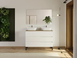 Cosyneo Meuble de salle de bain 120cm avec plateau miel et 2 vasques à poser Zeus - 3 tiroirs - sans miroir - blanc - MATA