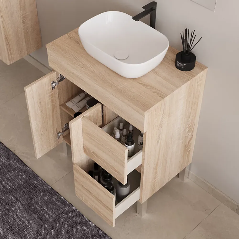 Meuble Vasque|Cosyneo Meuble de salle de bain 70cm sur pieds avec plateau et 1 vasque à poser Zeus - sans miroir - portes et tiroirs - cambrian - HARO