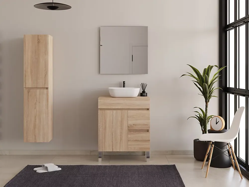 Meuble Vasque|Cosyneo Meuble de salle de bain 70cm sur pieds avec plateau et 1 vasque à poser Zeus - sans miroir - portes et tiroirs - cambrian - HARO
