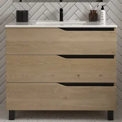 Meuble Vasque|Cosyneo Meuble de salle de bain 80cm simple vasque - sans miroir - 3 tiroirs - madera miel (bois clair) - MATA