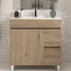 Meuble Vasque|Cosyneo Meuble de salle de bain 70cm simple vasque sans miroir sur pieds avec portes et tiroirs - cambrian (chêne clair) - HARO
