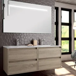 Ensemble Meuble De Salle De Bains|Cosyneo Meuble de salle de bain double vasque - 4 tiroirs - IRIS et miroir Led STAM - cambrian (chêne) - 120cm