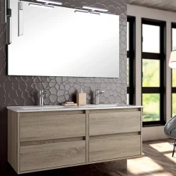 Ensemble Meuble De Salle De Bains|Cosyneo Meuble de salle de bain double vasque - 4 tiroirs - IRIS et miroir Led STAM - cambrian (chêne) - 120cm