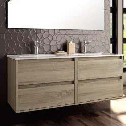 Ensemble Meuble De Salle De Bains|Cosyneo Meuble de salle de bain double vasque - 4 tiroirs - IRIS et miroir Led STAM - cambrian (chêne) - 120cm