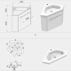 AICA Sanitaire Meuble de Salle de Bain d'Angle Gain de Place, Lave Main, Blanc Crème, 40x40 cm