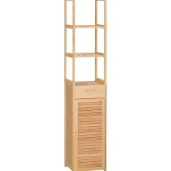 Meuble Wc|ProximaX Meuble de salle de bain en bambou naturel, avec tiroir, trois étagères et compartiment ouvert, Bois naturel.