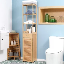 Meuble Wc|ProximaX Meuble de salle de bain en bambou naturel, avec tiroir, trois étagères et compartiment ouvert, Bois naturel.