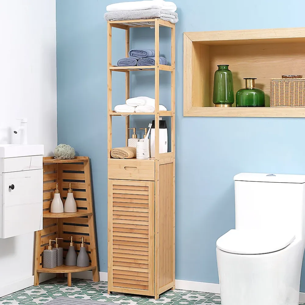 Meuble Wc|ProximaX Meuble de salle de bain en bambou naturel, avec tiroir, trois étagères et compartiment ouvert, Bois naturel.