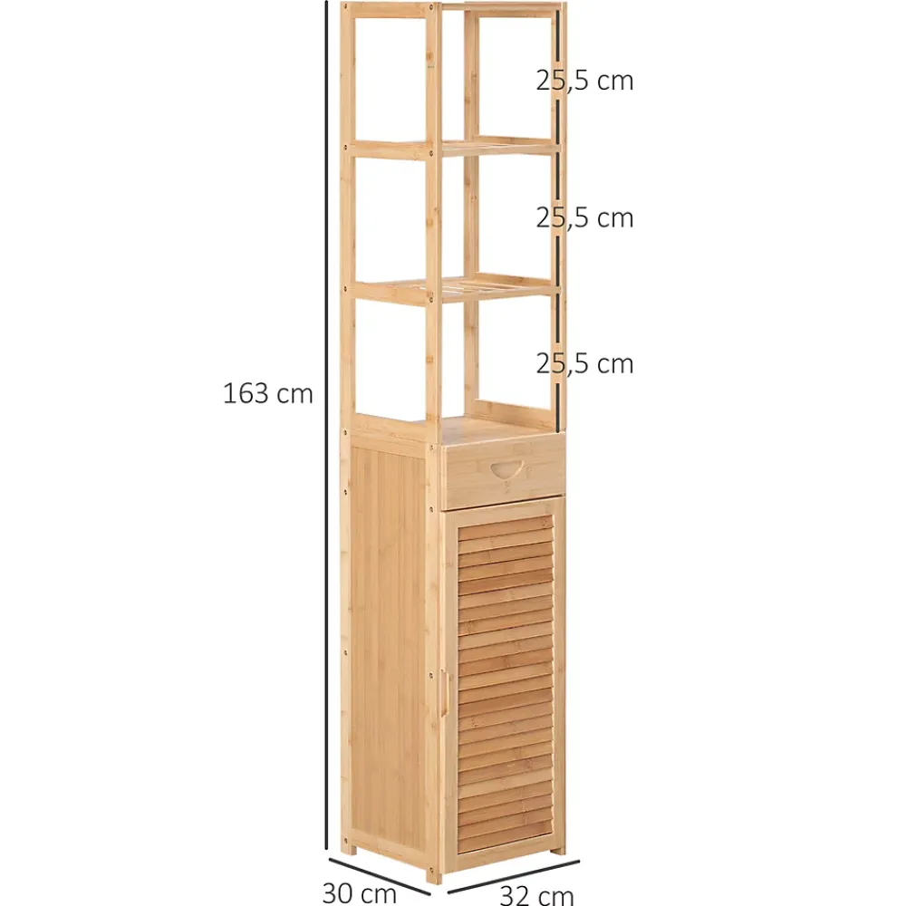 Meuble Wc|ProximaX Meuble de salle de bain en bambou naturel, avec tiroir, trois étagères et compartiment ouvert, Bois naturel.