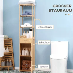 Meuble Wc|ProximaX Meuble de salle de bain en bambou naturel, avec tiroir, trois étagères et compartiment ouvert, Bois naturel.