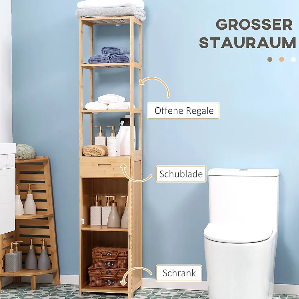 Meuble Wc|ProximaX Meuble de salle de bain en bambou naturel, avec tiroir, trois étagères et compartiment ouvert, Bois naturel.