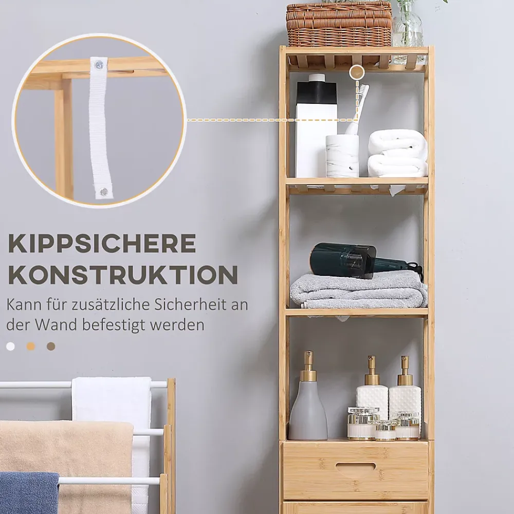 Meuble Wc|ProximaX Meuble de salle de bain en bambou naturel, avec tiroir, trois étagères et compartiment ouvert, Bois naturel.