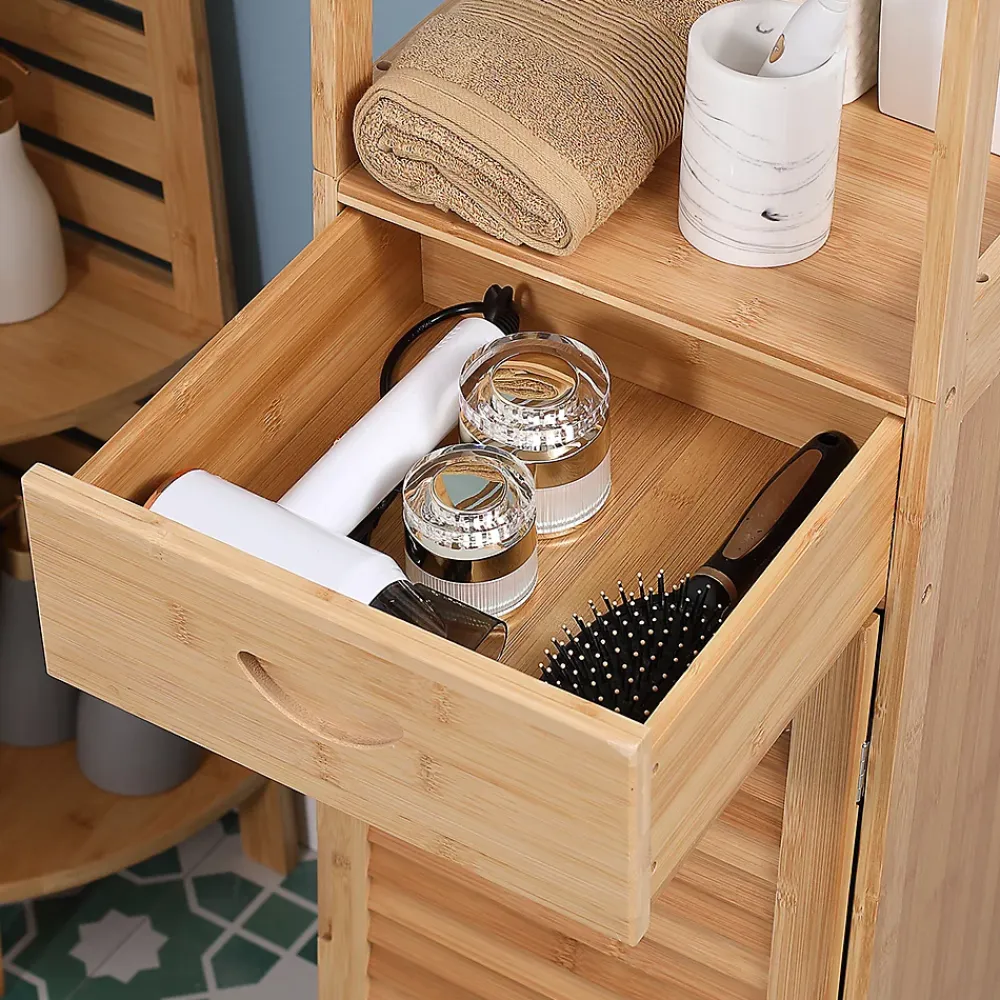 Meuble Wc|ProximaX Meuble de salle de bain en bambou naturel, avec tiroir, trois étagères et compartiment ouvert, Bois naturel.