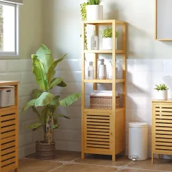 Meuble Wc|ProximaX Meuble de salle de bain en bambou naturel avec 3 compartiments ouverts, dimensions 36 x 33 x 140 cm pour un rangement optimal.