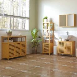 Meuble Wc|ProximaX Meuble de salle de bain en bambou naturel avec 3 compartiments ouverts, dimensions 36 x 33 x 140 cm pour un rangement optimal.