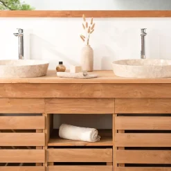 Meuble Sous-Vasque|Wanda Collection Meuble de salle de bain en teck Zen double vasque 145cm