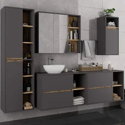 Armoire De Salle De Bains|3xE Living Meuble de salle de bain, gris graphite/chêne artisanal, 50 x 170 x 30 cm