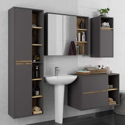 Armoire De Salle De Bains|3xE Living Meuble de salle de bain, gris graphite/chêne artisanal, 50 x 170 x 30 cm