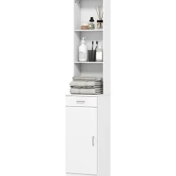 ProximaX Meuble de salle de bain haut et étroit, avec tiroir, porte et étagères réglables, pour salle de bain ou salon, blanc
