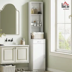 ProximaX Meuble de salle de bain haut et étroit, avec tiroir, porte et étagères réglables, pour salle de bain ou salon, blanc